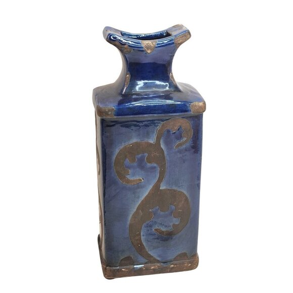 Blue & Black Rectangular Ceramic Vase With Decorative Scroll Design - Picture 1 of 7
